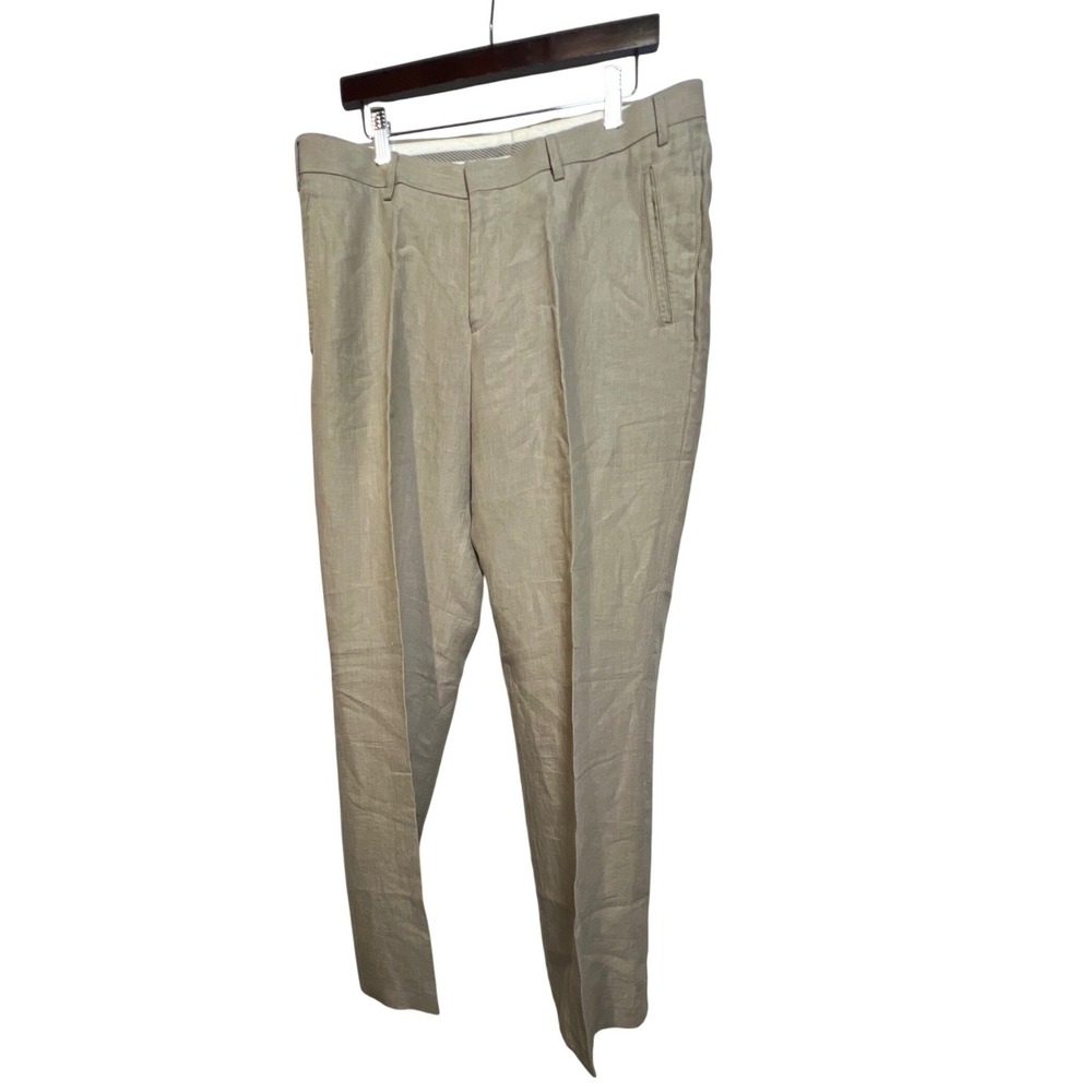 River Island Mens 100% Linen Tailored Trousers Beige Tan Flat Front Pants 38x32